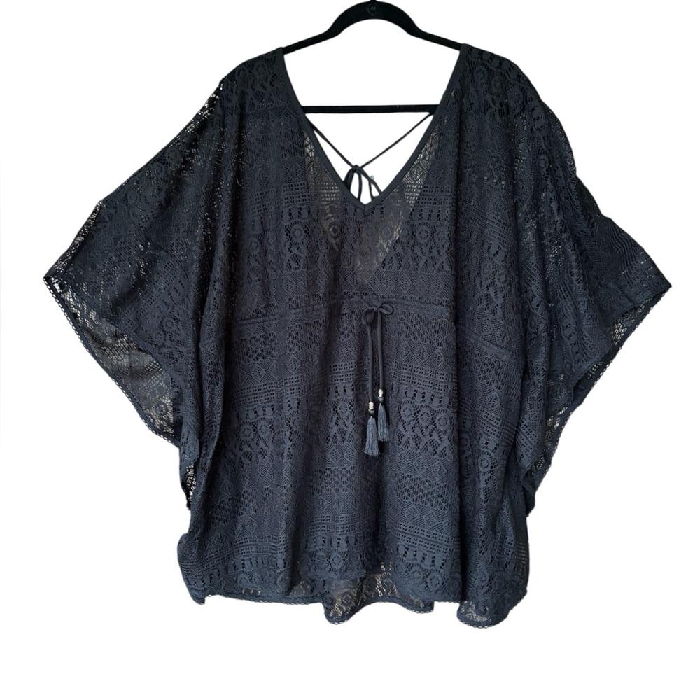 Black Lace Womens Pool Cover Up Tie Strings Tassels‎ V Neck Elastic Waist SZ XL